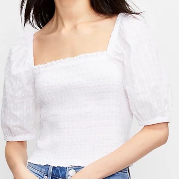 LOFT clipped smocked white square neck cotton top blouse Sz L - Picture 1 of 9